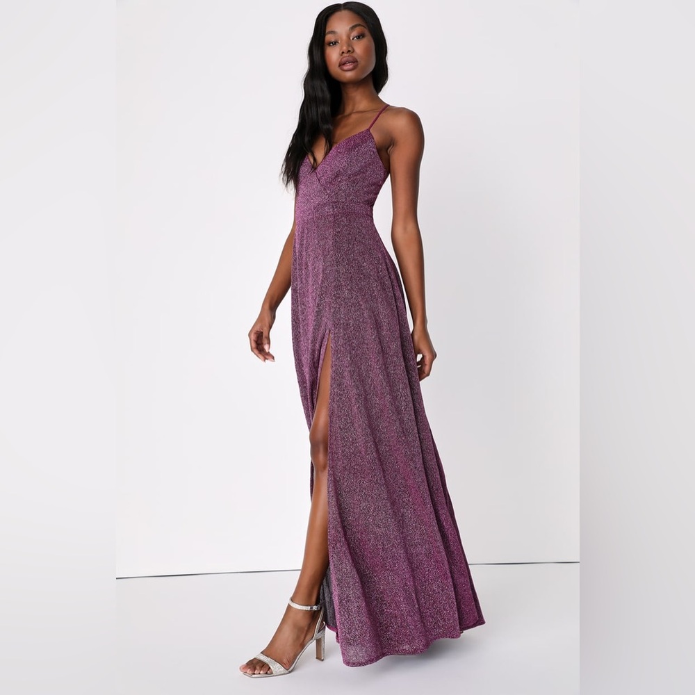 Lulu’s Truly Dazzling Magenta Purple Multi Glitter Sparkle Spaghetti Straps Gown - Picture 3 of 11